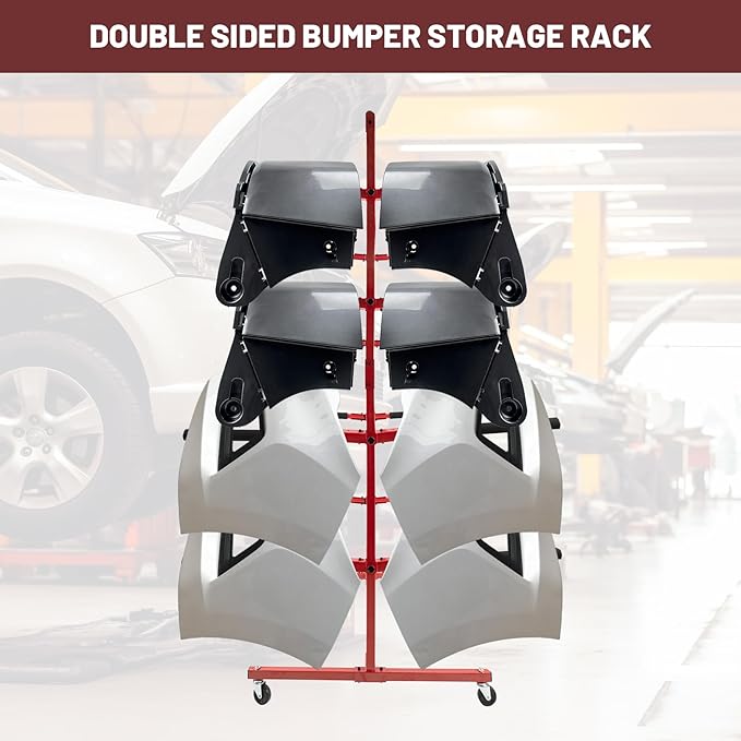 Mobile Bumper Storage Rack, 8 Pairs of Arms Double Sided Bumper Stand with Lockable Wheels, Heavy Duty Utility Bumper Storage Dolly Length Adjustable for Automobile Parts Accessories, Red