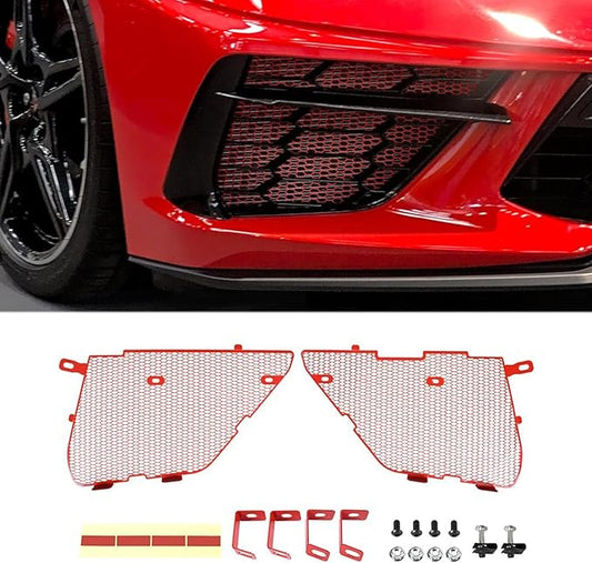 2Pcs Red Upgraded Front Radiator Guards Grille,Aluminum Front Outer Grill Low Profile Body Bumper Grille Vents Insert Mesh Set for Corvette C8 Stingray Z51 Convertible/HTC 2020-2025