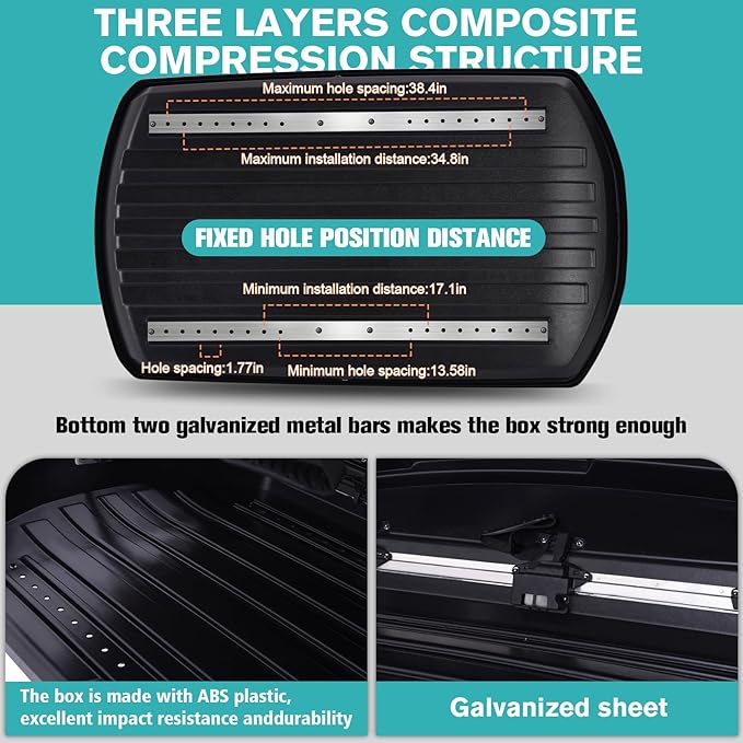 Hard Shell Roof Cargo Box Carrier with Security Keys,Heavy Duty Waterproof Rooftop Storage Box,58.3 (L) x35.4 (W) x 13(H) Inches,15.5 Cubic Feet (Tool-Free Install),Dual Side Opening,Black