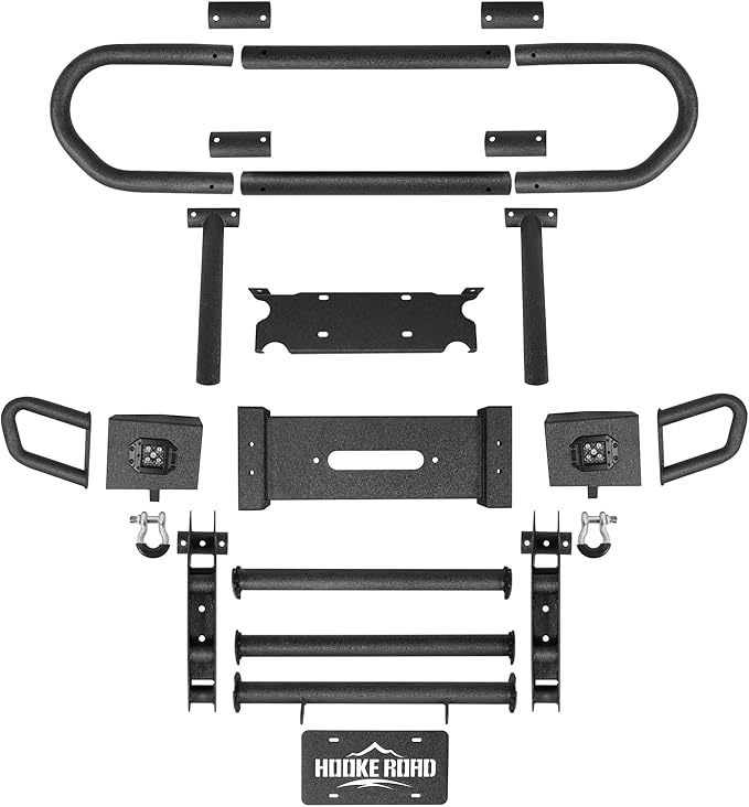 Hooke Road Wrangler Stubby Front Bumper Brush Guard Bull Bar for 2007-2018 Jeep Wrangler JK & Unlimited 2/4 Doors, Rock Crawler Tubular Offroad Bumper with Winch Plate, Lights & D-rings