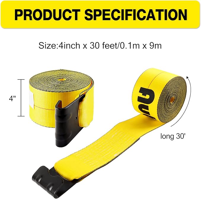 4" x30' Winch Straps with Flat Hook Flatbed Tie Downs Truck Straps 5,400lbs Load Capacity Cargo Control for Flatbeds, Trucks, Trailers, Farms, Rescues, Tree Saver, Yellow(10 Pack)