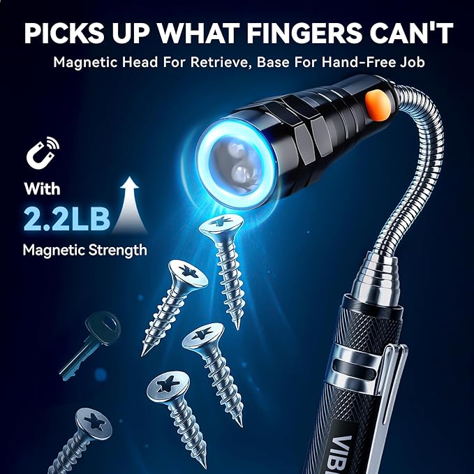 VIBELITE Extendable Magnetic Flashlight with Telescoping Magnet Pickup Tool-Cool Gadget Christmas Gifts Stocking Stuffers for Men, Teen Boys, Husband, Dad, Father, Mechanic, Him, Women, Black