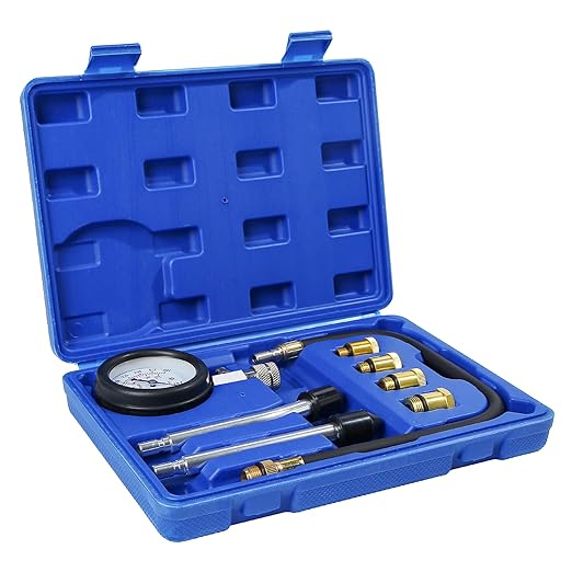 8PCS Compression Tester Kit Professional Petrol Gas Engine Cylinder Pressure Gauge 0-300 PSI Automotive Tool for Motorcycle Car Truck (Blue)