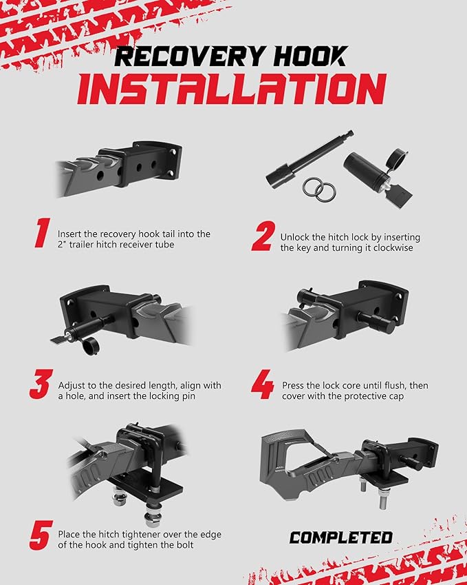 Tow Hitch Receiver Hook with Hitch Tightener, Truck Hitch 2 Inch Receiver Hitch, Drop Forged Steel Trailer Hitch Receiver 88000 Lbs Break Strength, Scorpion Tail Tow Hook for Trucks, Darkgrey