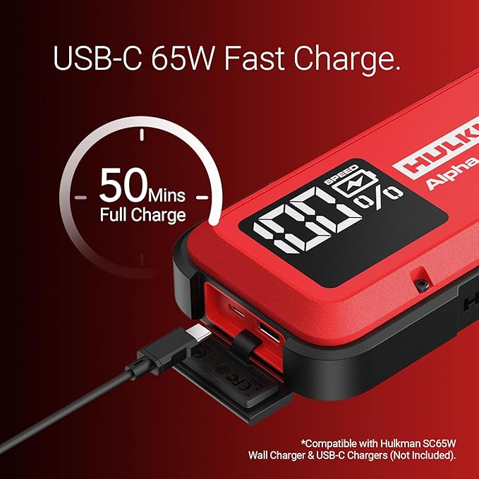 Hulkman Alpha Ultra Red, 1250A 44.4Wh Jump Starter, Power Without The Bulk, Car Battery Jump Starter & Jump Box with 2.9" Smart Display, 50-Min Full Charge, Jumper Cables for 7.0L Gas/4.0L Diesel