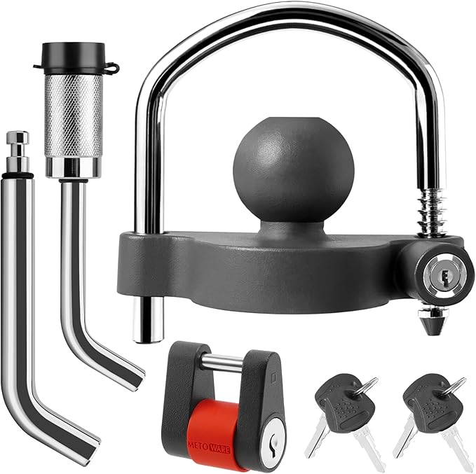 METOWARE Keyed Alike Trailer Hitch Lock Set, Fits 1-7/8", 2'' 2-5/16" Coupler, with 1/2'' and 5/8" Dia Dual Bent Pin Hitch Lock, 1/4'' Dia Span Coupler Lock