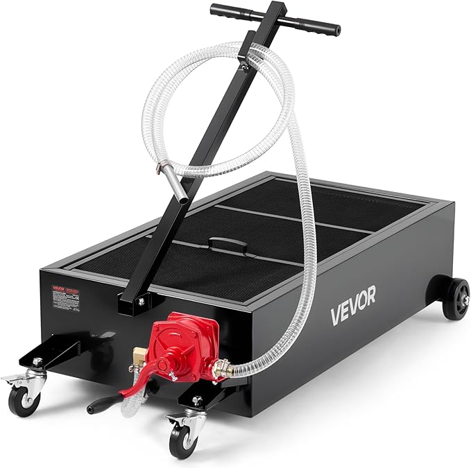 VEVOR Low Profile Oil Drain Pan, 25 Gallon Capacity, Rolling Oil Drain Pan with Manual Pump, 7.2 ft Hose & T Folding Handle, Leak-Proof & Corrosion-Resistant, Fit for Cars, SUVs, Trucks, ATVs, Black