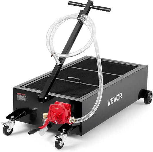 VEVOR Low Profile Oil Drain Pan, 25 Gallon Capacity, Rolling Oil Drain Pan with Manual Pump, 7.2 ft Hose & T Folding Handle, Leak-Proof & Corrosion-Resistant, Fit for Cars, SUVs, Trucks, ATVs, Black