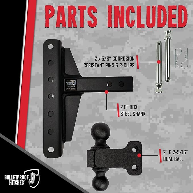 BulletProof Hitches - 2.0" Adjustable Medium Duty Trailer Hitch (14,000 lb. Rating) - Offset 4" and 6" Drop/Rise Trailer Hitch with 2" & 2-5/16" Dual Ball - Powder Coat, Box Steel, Corrosion-Resistant