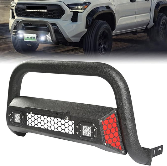 Bull Bar fit for 2024 2025 2026 Toyota Tacoma with LED Lights & License Plate Bracket Paintable Front Bumper Guard & Grille Protector