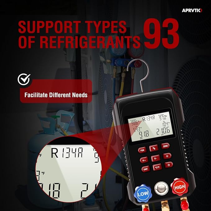 Digital HVAC Gauge, Aprvtio AMF-300 AC Manifold Gauge Set with 3000PSI Hoses and 2 Wired Temperature Clamp Probes, Refrigerant Gauges for Automotive HVAC System HVAC Tools Kit R134a R22 R12