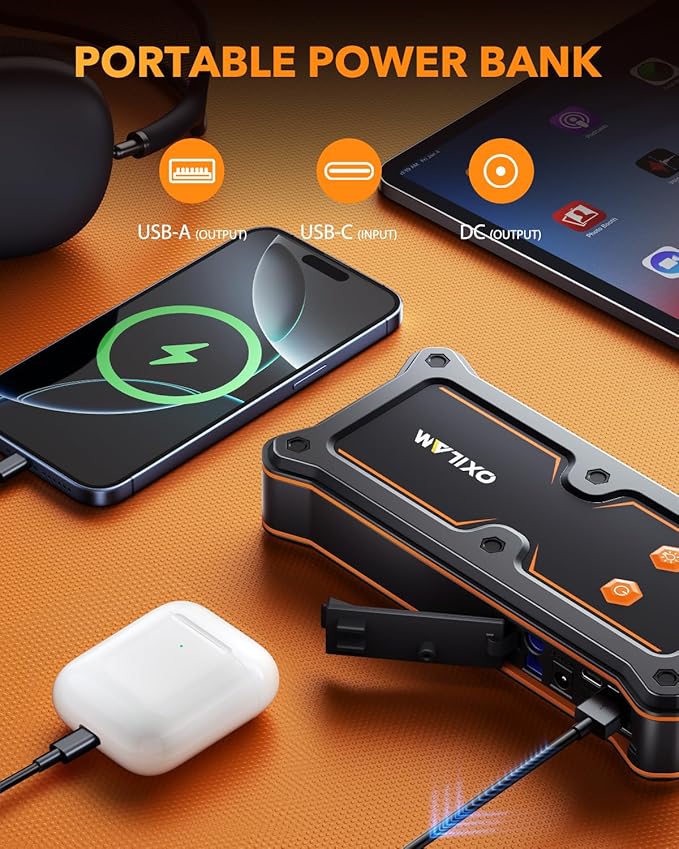 OXILAM 8000A Jump Starter - Car Jumper Starter Portable for All Gas & Diesel Engines, 12V Jump Box for Car Battery with Extended Jumper Cables, USB, DC, Type C Port & LED Light