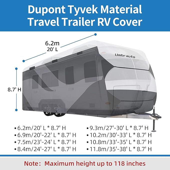 Umbrauto Travel Trailer RV Cover 20-22ft, Waterproof & Ripstop Camper Cover with 4-Layer Sides, Sun and Snow Protection, Extra Windproof Ropes, Fits Toy Hauler