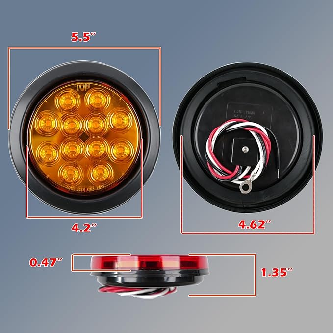 2Pcs 4.2 inchRed Round LED tail trailer light 12 LEDs IP67 Waterproof Stop Brake Turn Signal Reverse marker Tail Light Surface Mount, Light for boat trailer (4" Round Yellow 1)