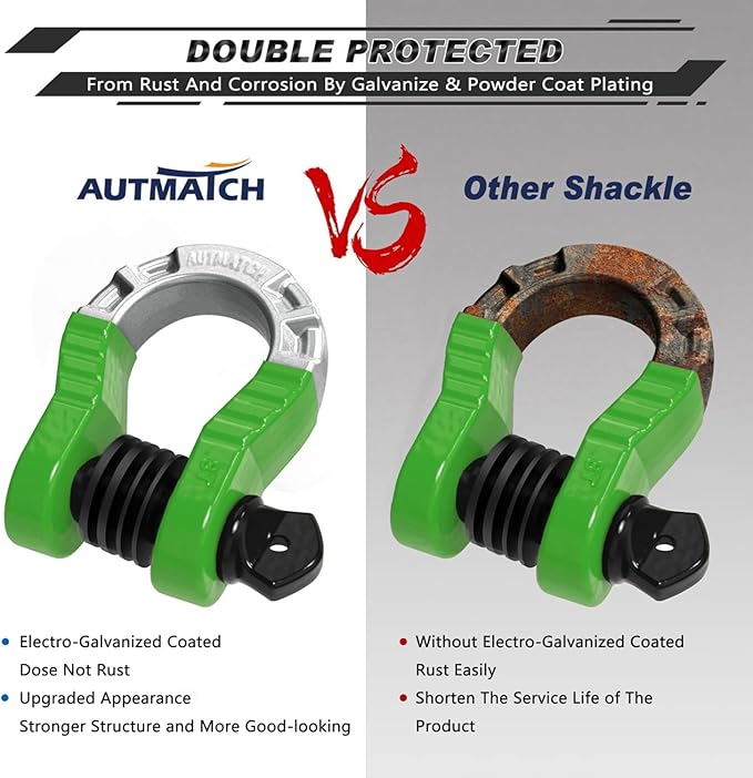AUTMATCH D Ring Shackles 3/4" Mega Shackle (2 Pack) 68,000Ibs Break Strength - Heavy Duty Clevis Shackles with 7/8" Screw Pin and Isolator Washer for Tow Strap Winch Off Road Vehicle Recovery, Green