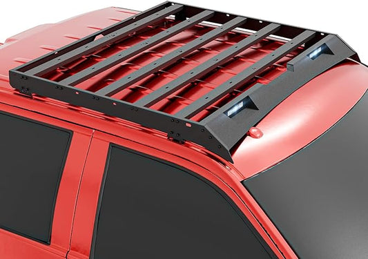 Roof Rack Cargo Basket with 2 LED Lights Compatible for 2009 2010 2011 2012 2013 2014 Ford F-150 & Raptor SuperCrew Cab, Rooftop Cargo Carrier Luggage Storage Holder