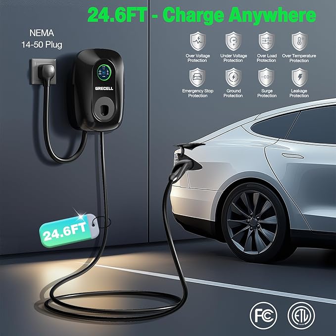 GRECELL Wall Charger for Tesla, ETL Certified 240V 48A Level 2 EV Charger for Tesla, NEMA 14-50 Home Charging Station, Bluetooth & WiFi Enabled Wall Chargers, Electric Vehicle Charge with 24.6' Cable