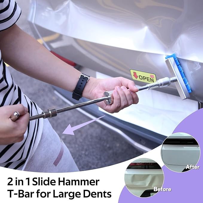 Paintless Dent Repair Kit with Slide Hammer – Auto Dent Puller Tool Set with Multi-Size Heads, Line Board,100W Glue Gun & Storage Bag for Car Door,Hood,Body,Roof