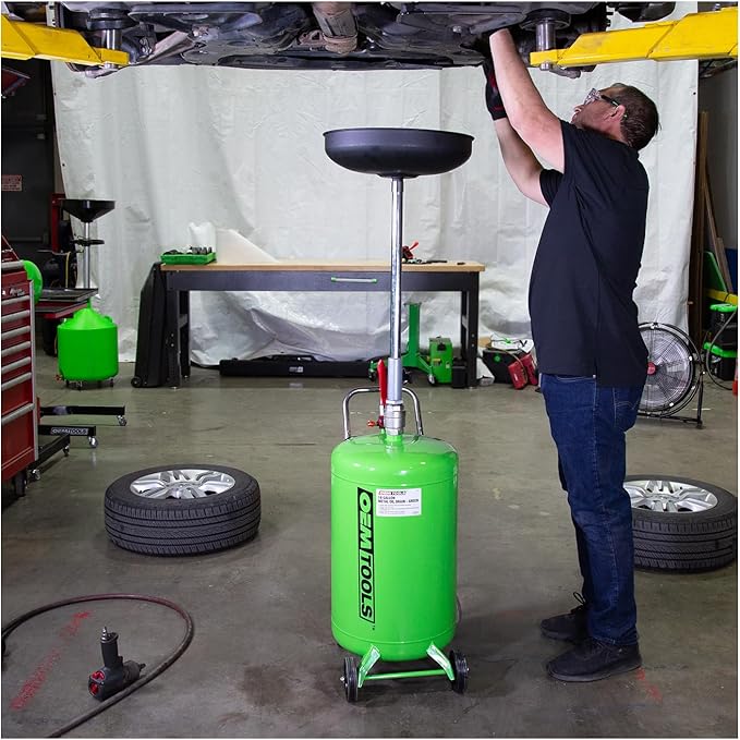 OEMTOOLS 87042 18 Gallon Portable Oil Lift Drain, Waste Oil Drain with Steel Waste Oil Container, Oil Changing, Oil Dolly for Motor Oil Drain, Funnel Drain