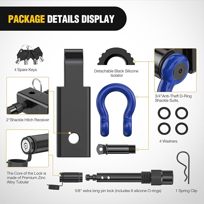 Nilight Anti-Theft Shackle Hitch Receiver 2Inch 45000 LBs Breaking Strength 3/4" Anti-Theft D Ring Shackle 5/8" Trailer Hitch Lock Pin Heavy Duty Solid Towing Kit for Trucks Off Road (Blue&Black)