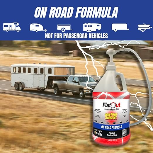 FlatOut QuickStrike On Road Tire Sealant - New Formula - Prevents Flat Tires - Seals Leaks - Contains Kevlar - Tubeless Tire Sealant - 1 Gallon + Tool