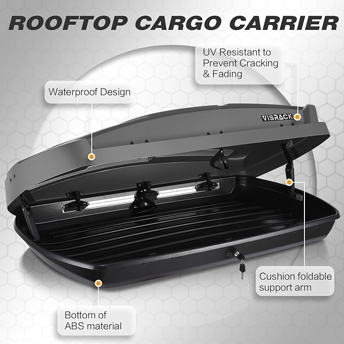 Hard Shell Roof Cargo Box Carrier with Security Keys,Heavy Duty Waterproof Rooftop Storage Box,58.3 L x35.4 W x 13 H Inches,15.5 Cubic Feet Tool-Free Install,Dual Side Opening,Gray