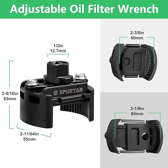 Spurtar Adjustable Oil Filter Wrench 2-3/8 to 3-1/8 inch 60-80mm Universal Oil Filter Removal Tool 1/2'' Drive Two-Way Cap Oil Filter Tool for Engine Filters, Conduit, & Fittings