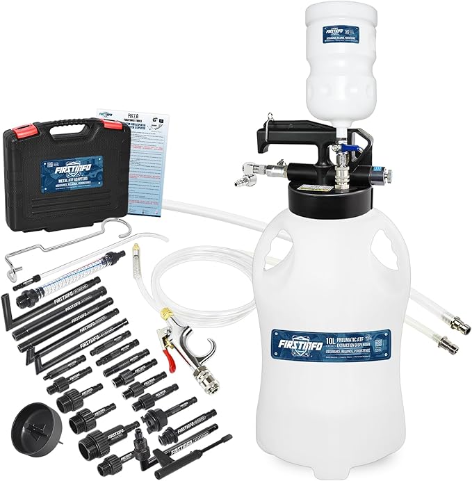 FIRSTINFO Patented 10 Liter 22 Pcs Taiwan-ATF Filler Adapters | Pneumatic Transmission Fluid Dispenser Pump | Hanging Hook | 360° Z-Swivel Air Inlet | Spring Structure Hose