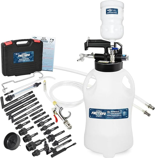 FIRSTINFO Patented 10 Liter 22 Pcs Taiwan-ATF Filler Adapters | Pneumatic Transmission Fluid Dispenser Pump | Hanging Hook | 360° Z-Swivel Air Inlet | Spring Structure Hose