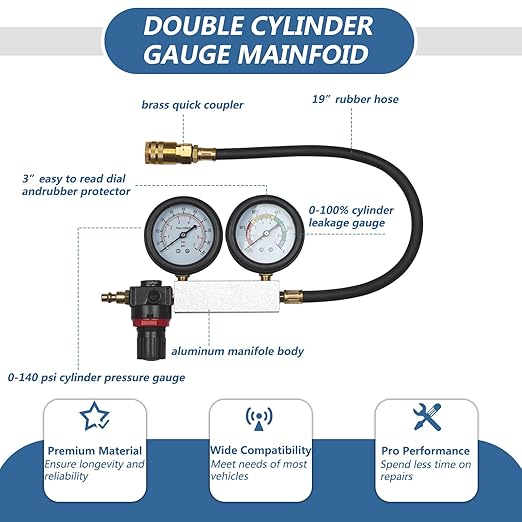 Cylinder Leak Down Tester Kit Dual Gauge Leakdown Detector Tool Set for Pressure Check & Leakage Rate Test Gasoline Engine Compression Leakdown Detector Leakage Test Set