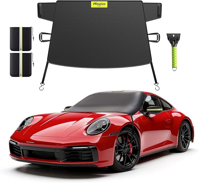 3-in-1 Windshield Snow Cover for Small Sedans & Sports Cars — S Size Frost Guard with Ice Scraper, Waterproof 600D Oxford Heavy-Duty Winter Protection & 360° Windproof Design for Low-Profile