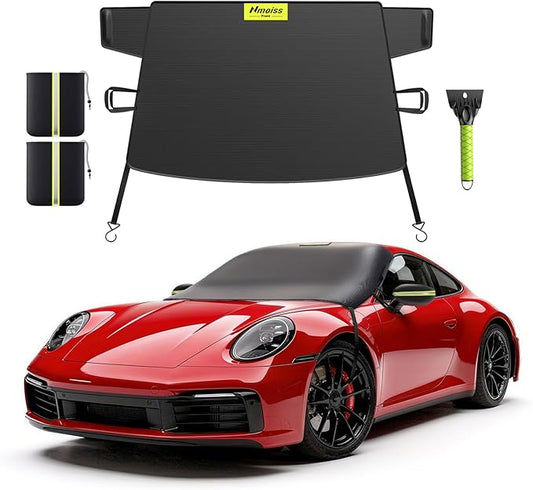 3-in-1 Windshield Snow Cover for Small Sedans & Sports Cars — S Size Frost Guard with Ice Scraper, Waterproof 600D Oxford Heavy-Duty Winter Protection & 360° Windproof Design for Low-Profile