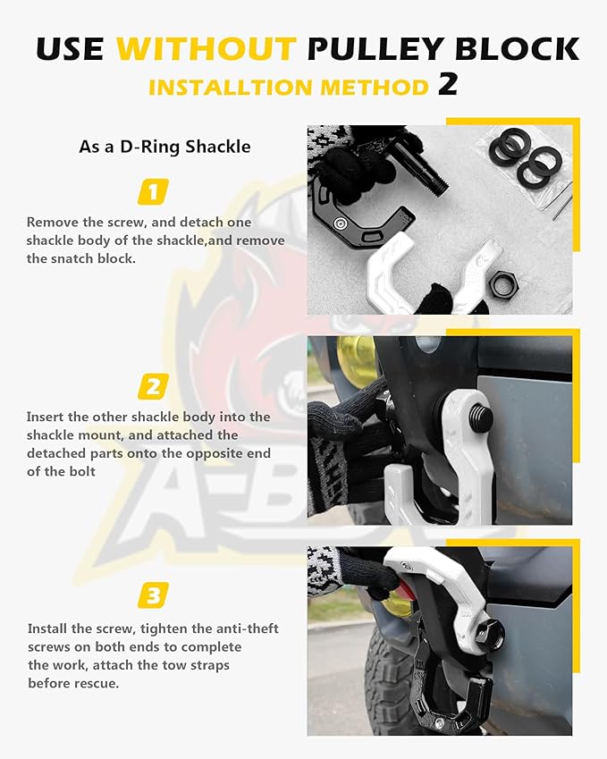 Separate D-Ring Shackle with Pulley Block, Towing Winch Snatch Block & 3/4" Separate D-Ring Shackle 2in1 Set, 57320lbs(26T) Breaking Strength, for Recovery, Blackwhite