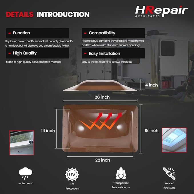 SL1422 RV Skylight Replacement,18" x 26" Camper Skylight fits Standard 14" x 22" Openings 16" x 26" Overall,RV Shower Bathroom Skylight Cover - SL1422S(Smoke)