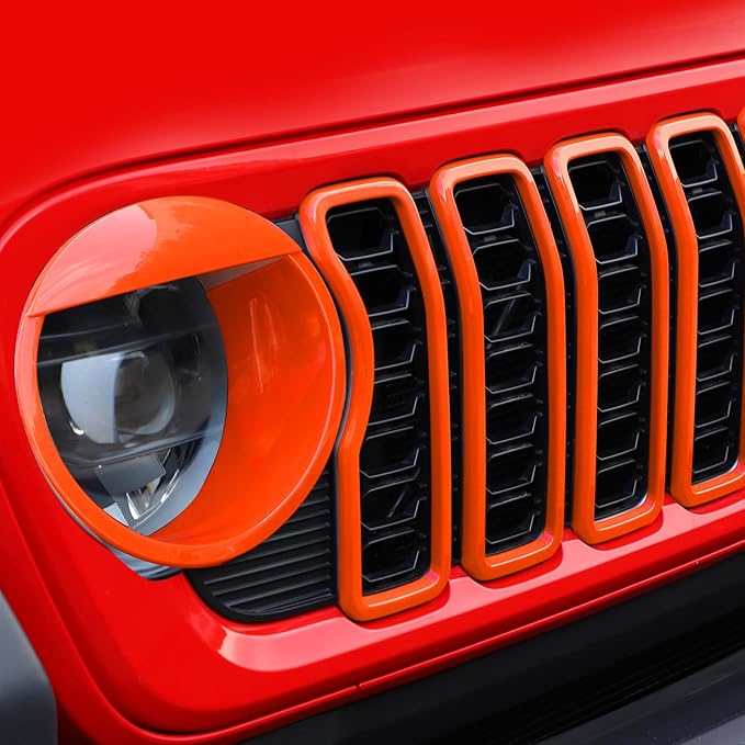 Front Grill Insert+ Headlight Bezels Cover Kit Compatible with 2024-2025+ Jeep Wrangler JL JLU & Gladiator JT, Not Fit for JL Sport & Sports(Orange,Style A)