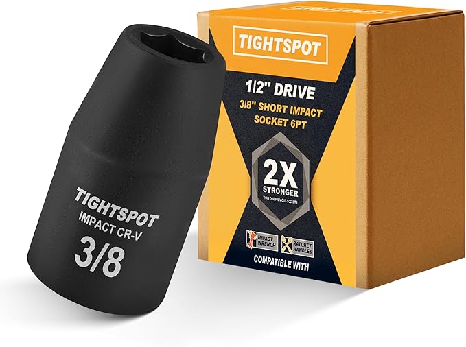 TIGHTSPOT 1/2 Inch Drive 3/8 Inch Shallow Impact Socket with Anti-Rounding 6 Point Design, Heat-Treated CRV Steel