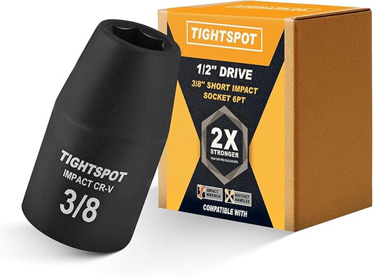 TIGHTSPOT 1/2 Inch Drive 3/8 Inch Shallow Impact Socket with Anti-Rounding 6 Point Design, Heat-Treated CRV Steel