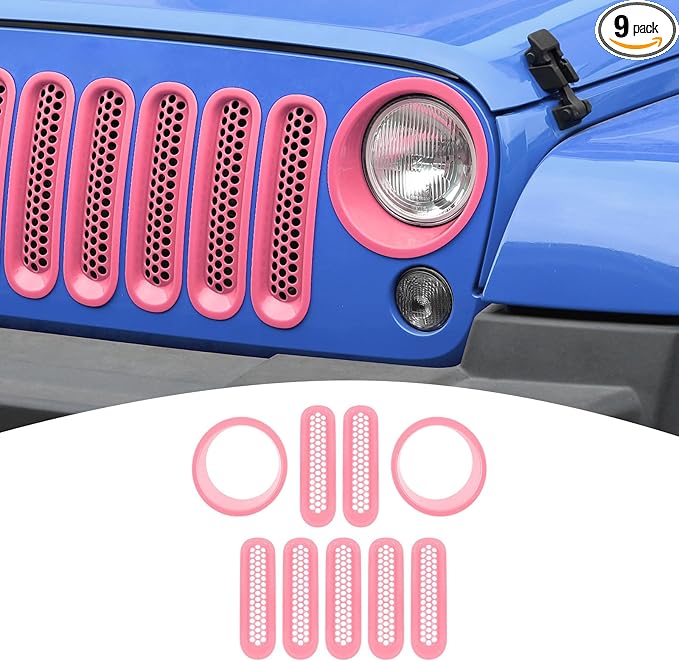 for Jeep JK Front Grille Inserts & Headlight Cover Trim Ring for Jeep Wrangler JK JKU 2007-2017 Pink Exterior Accessories 9pcs
