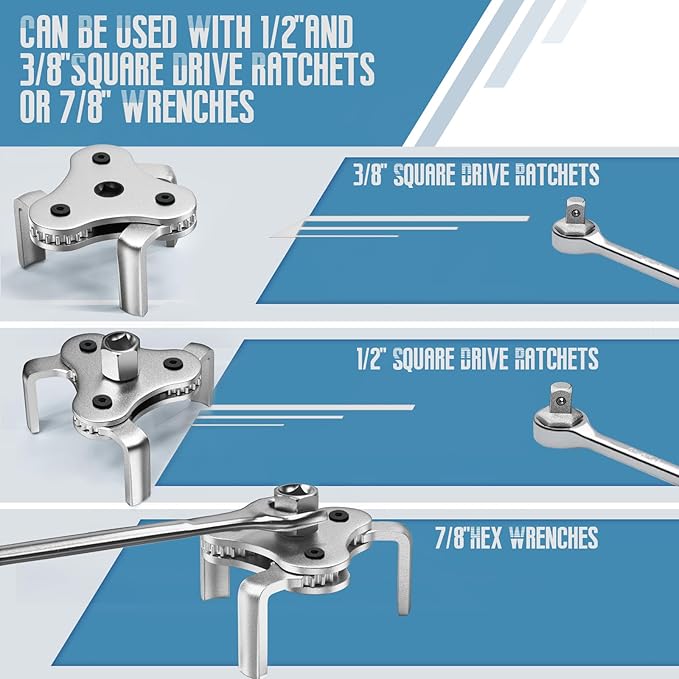Universal Oil Filter Wrench Adjustable, from 2-1/2 inch to 4.5 inch 3 Jaw Oil Filter Removal Tool Set, Efficiency 2 Way Oil Filter Wrench