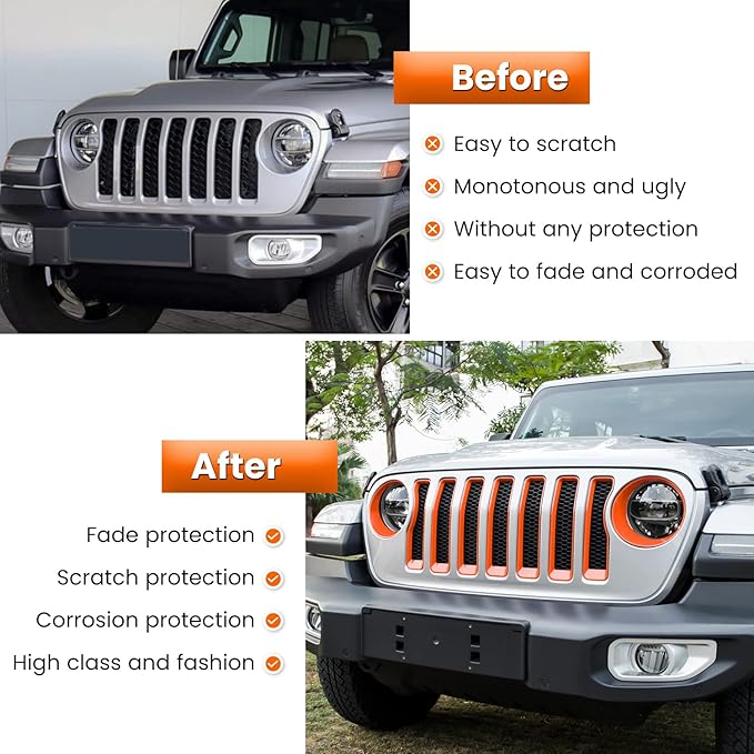 Front Grille Mesh Inserts & Headlight Cover for Jeep Wrangler JL JLU Unlimited Sport/Sports 2018-2023 Exterior Accessories Clip-in Grille Guard Cover Headlight Bezels Trim Ring (Orange 9PCS)