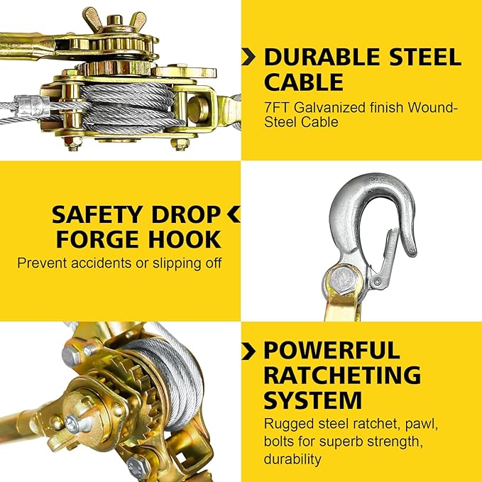 Come Along Winch Puller 3T 10FT, Cable Hoist Winch Puller with 2 Hooks, Come Along Tool Heavy Duty, Ratchet Puller for Lifting Pulling Construction Building