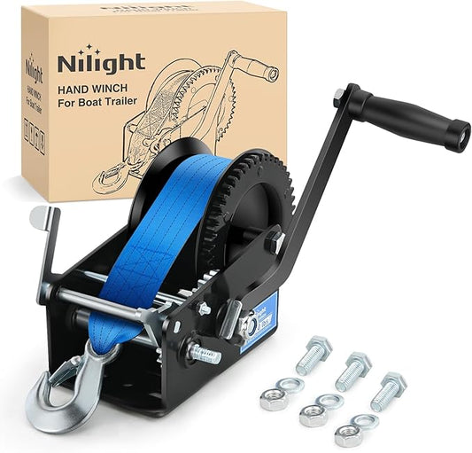 Nilight Boat Trailer Winch 3500 LBS Hand Crank Winch Heavy Duty Boat Winches with 33 FT Blue Strap Rope Hook Two Way Ratchet 4:1 8:1 Gear Portable Marine Manual Winch for Trailers Boat RV ATV Towing