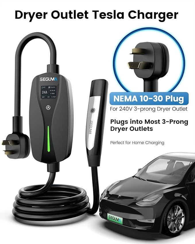 NEMA 10-30 Level 2 Tesla Charger-24A 240V, 25FT Extension Cable, Adjustable Current(10-24A)-Portable Home Mobile EV Charger for Model Y/X/3/S/Cybertruck,NACS Connector for 3-Prong Dryer Outlet
