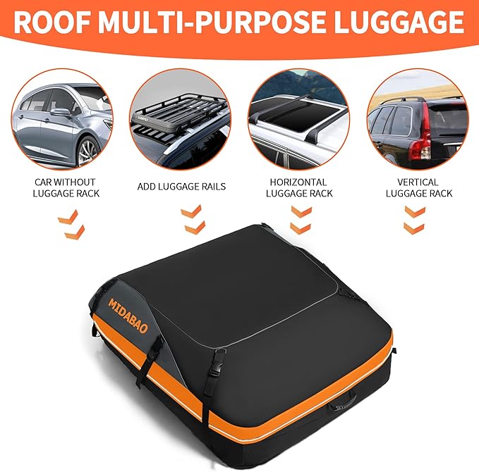 MIDABAO Thickened 20 Cubic Waterproof Duty Car Roof Top Carrier-Car Cargo Roof Bag Car Roof Top Carrier - Easy to Install Soft Rooftop Luggage Carriers with Wide Straps 20 Cubic Feet, ROB01