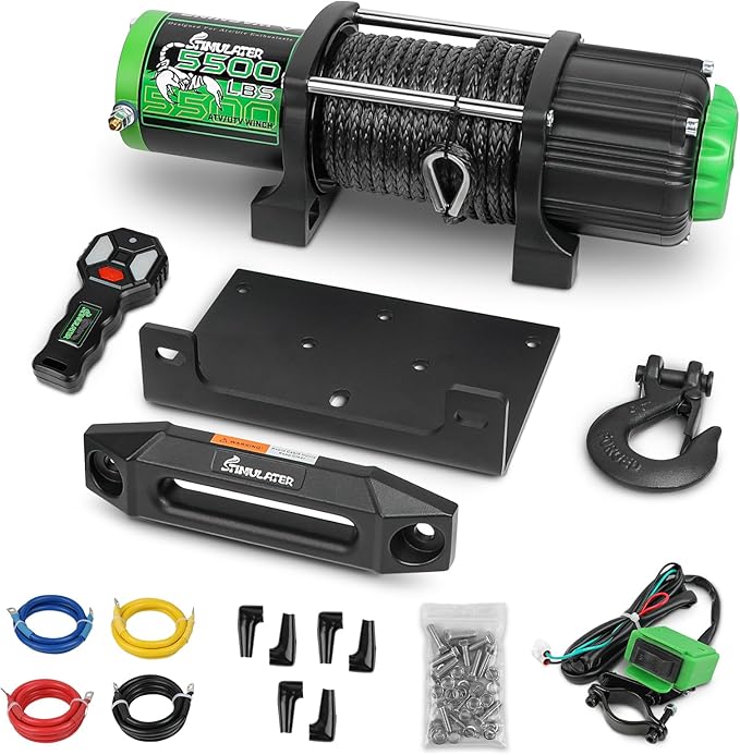 STIMULATER 5500LB ATV/UTV Winch,12V Electric Winch,Winch with 1/4'' x 50' Synthetic Rope,with Wireless Remote and Wired Switch,with Hawse Fairlead&Hook,IP67 Waterproof,Suitable for Most ATVs and UTVs
