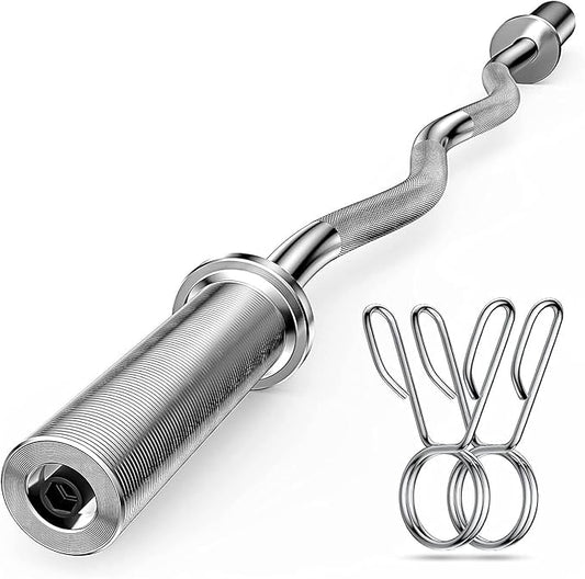 Olympic EZ Curl Barbell Bar, 47” Strength Training EZ Bar for Weight Lifting,Hip Thrusts,Biceps, triceps, Back/Leg Muscle Exercise,Chrome Curling Bar for 2 Inch Weight Plates,with 2 Spring Collars(500LBS)