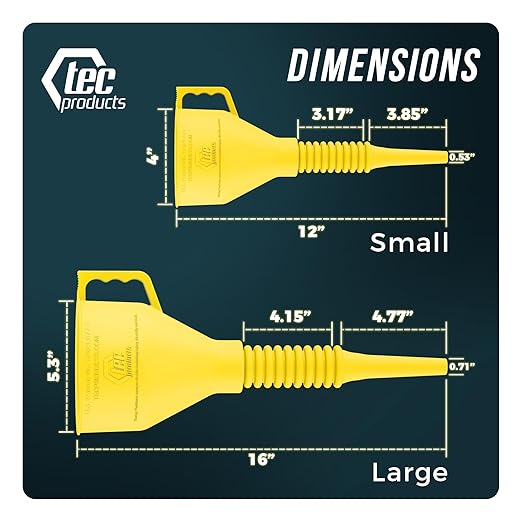 TEC Products FlexAll Long Flexible Funnel for Automotive Use - Durable Nitrile Rubber - Ideal for Car Oil Change, Transmission Funnel Fluid, Diesel, Fuel, Gas - Made in USA - Yellow (16 x 5 Inches)