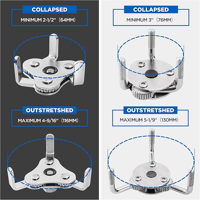KZINO Oil Filter Removal Tool, Universal Oil Filter Wrench, Oil Filter Removal Tool Adjustable 2-1/2 to 4 inch & 3 to 5-1/2 inch, 1/2" Drive, Oil Filter Change Set (Flat & Round Set)