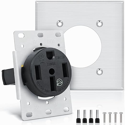 NEMA 14-50R Outlet 50 Amp EV Charging with Stainless Steel Wall Plate Receptacle 125/250V 3-Pole 4-Wire for Electric Vehicles Charging, RVs, Welders and Large Appliance