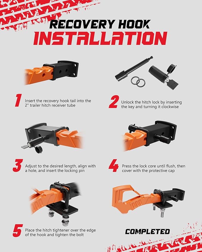 Tow Hitch Receiver Hook With Tightener, 2 Inch Truck Receiver, Drop Forged Steel Trailer Hitch 88000 Lbs Break Strength, Scorpion Tail Tow Hook for Trucks, Orange